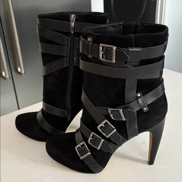 Sam Edelman Suede/leather Black Buckle Heeled Boots sz 10 - Picture 2 of 8